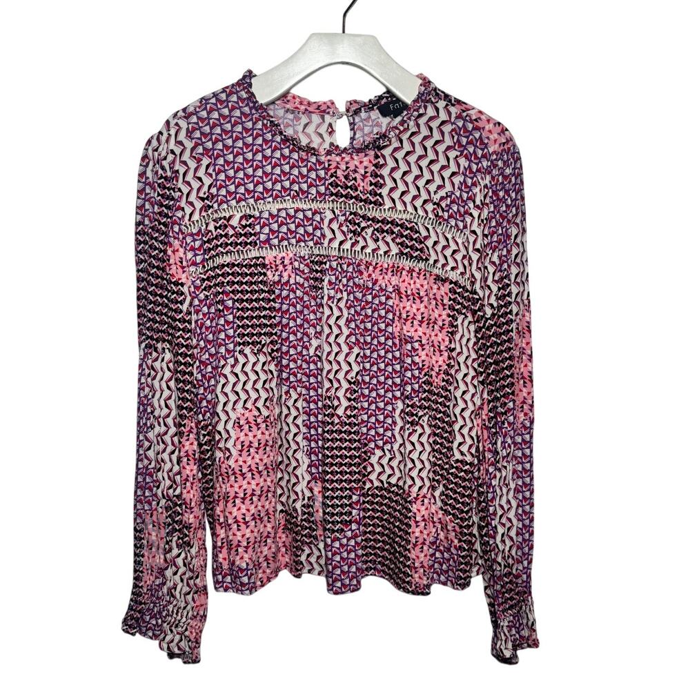 Fate Top Women L Pink Purple Long Sleeve Modest Abstract Ruffle Blouse Career